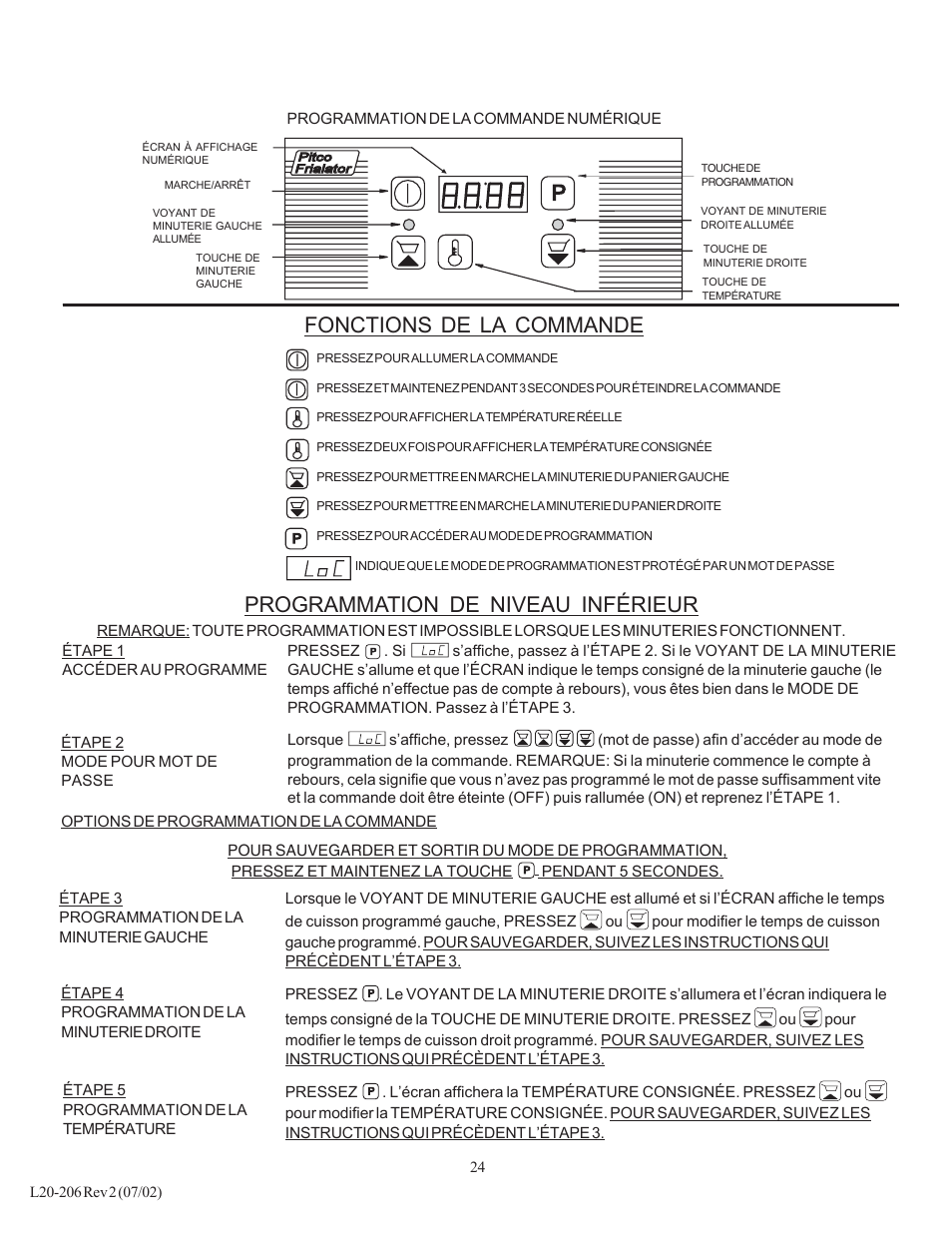 Fonctions de la commande, Programmation de niveau inférieur | Pitco Frialator SG User Manual | Page 24 / 48