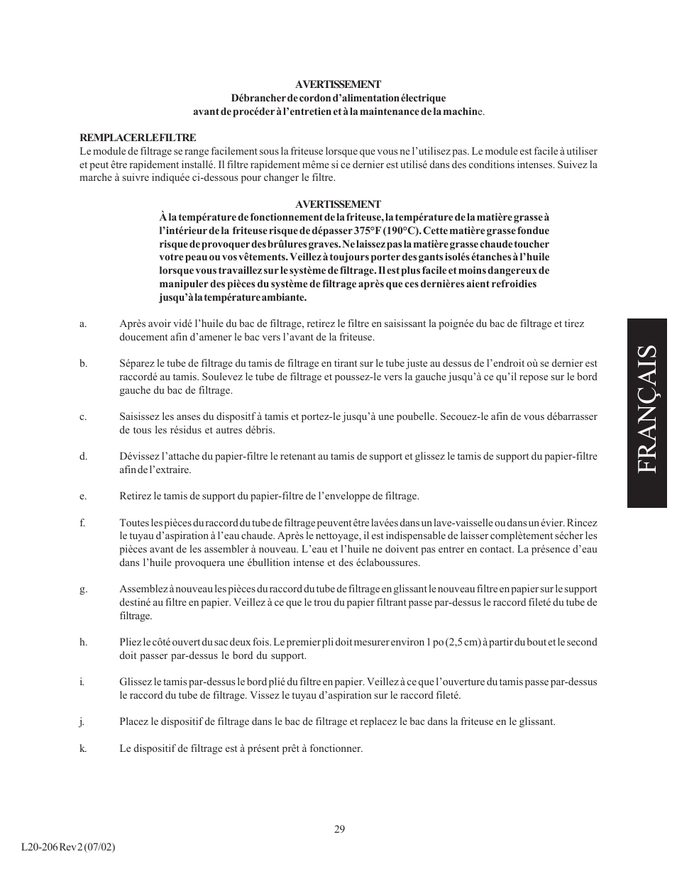 Fran çais | Pitco Frialator SG User Manual | Page 29 / 48