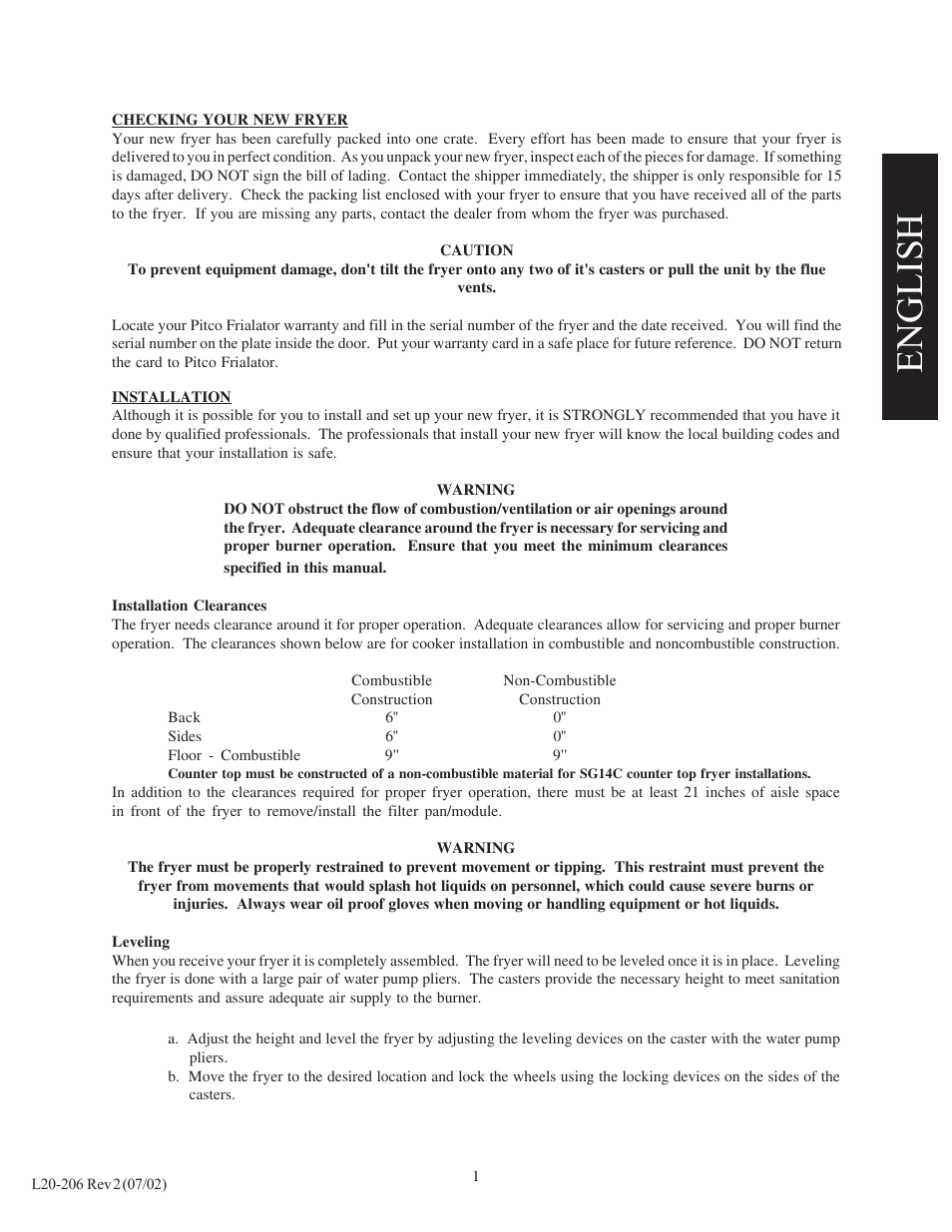 English | Pitco Frialator SG User Manual | Page 3 / 48