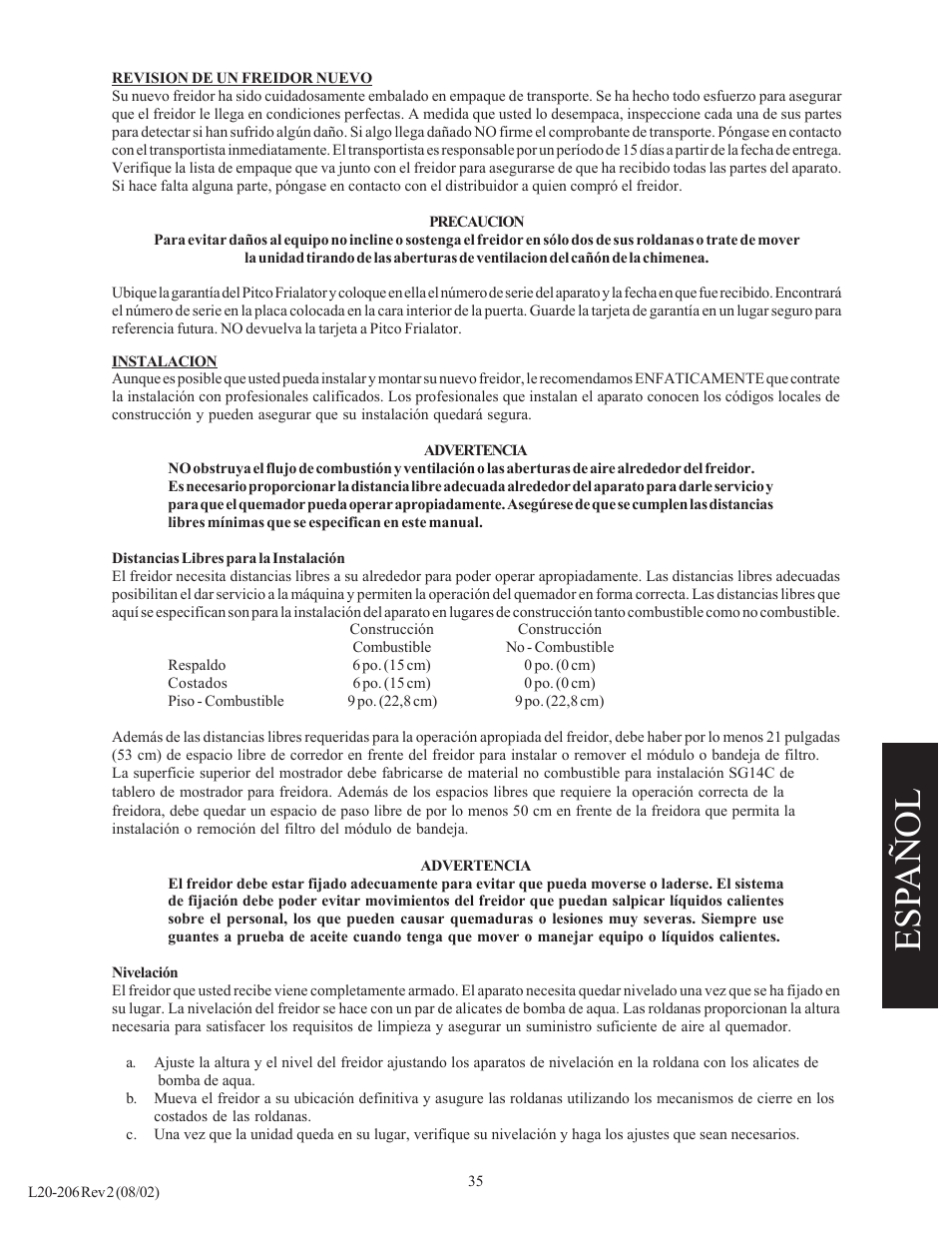 Esp añol | Pitco Frialator SG User Manual | Page 35 / 48