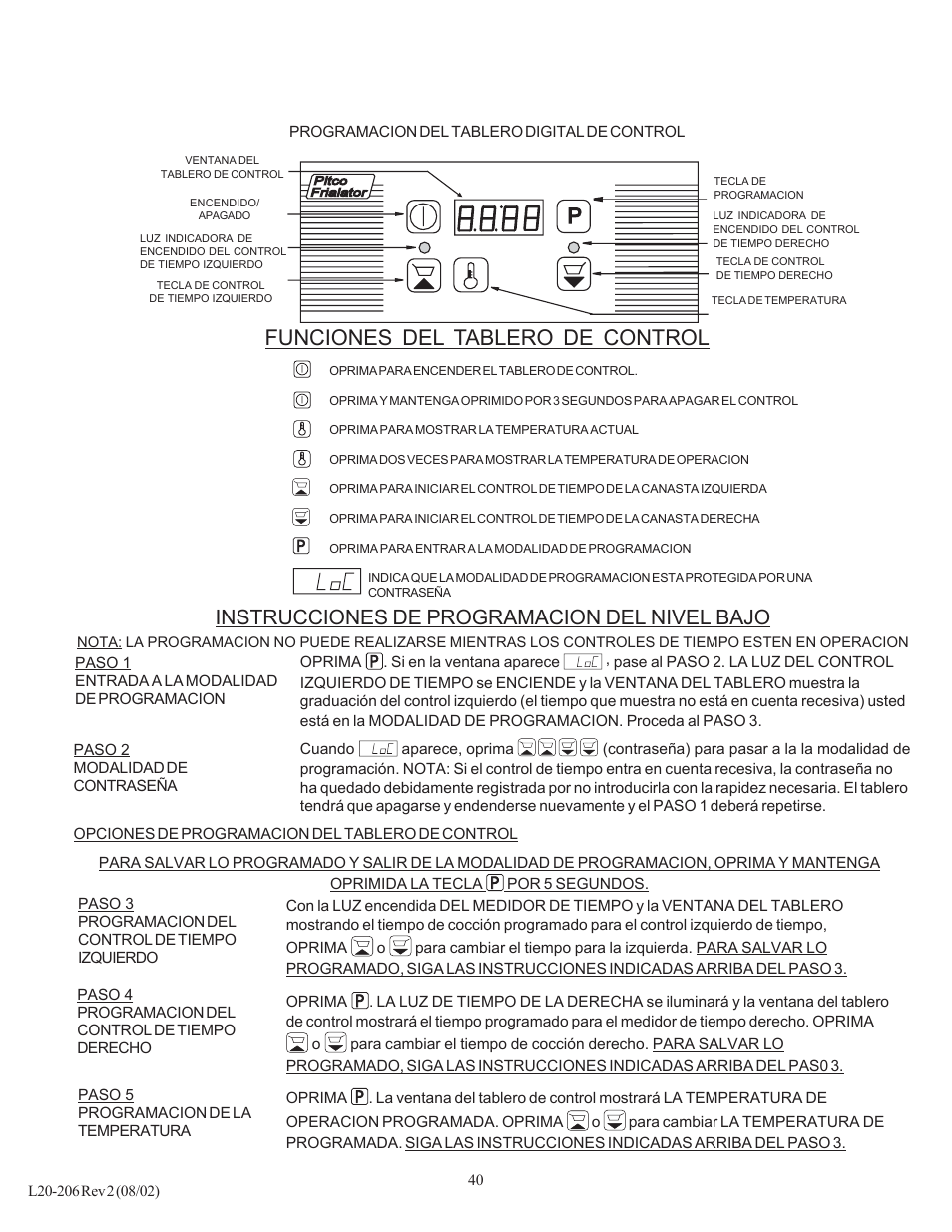 Funciones del tablero de control, Instrucciones de programacion del nivel bajo | Pitco Frialator SG User Manual | Page 40 / 48