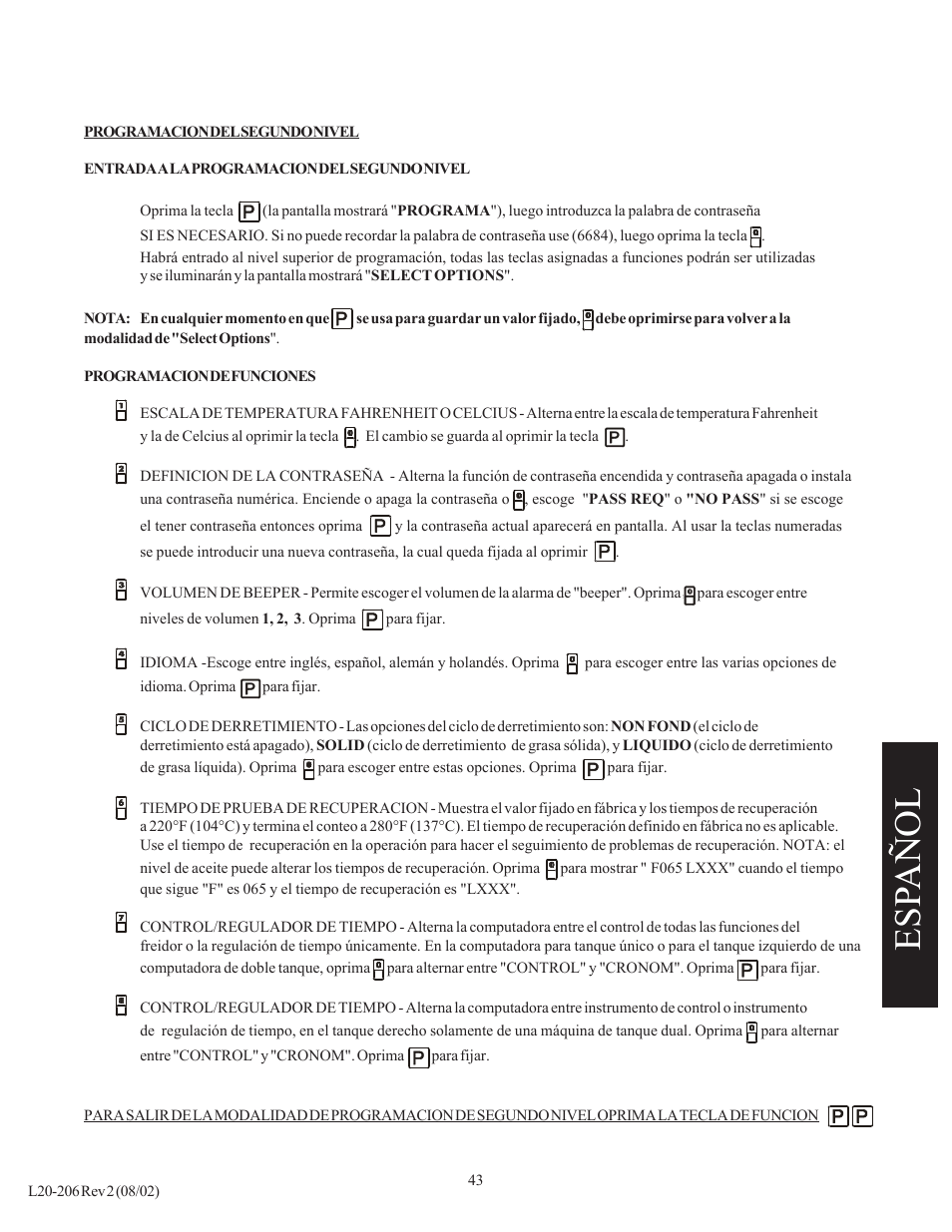 Esp añol | Pitco Frialator SG User Manual | Page 43 / 48