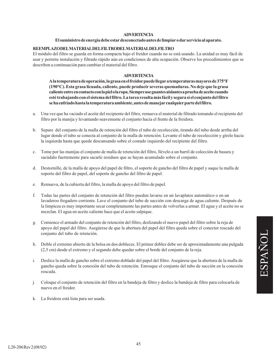 Esp añol | Pitco Frialator SG User Manual | Page 45 / 48