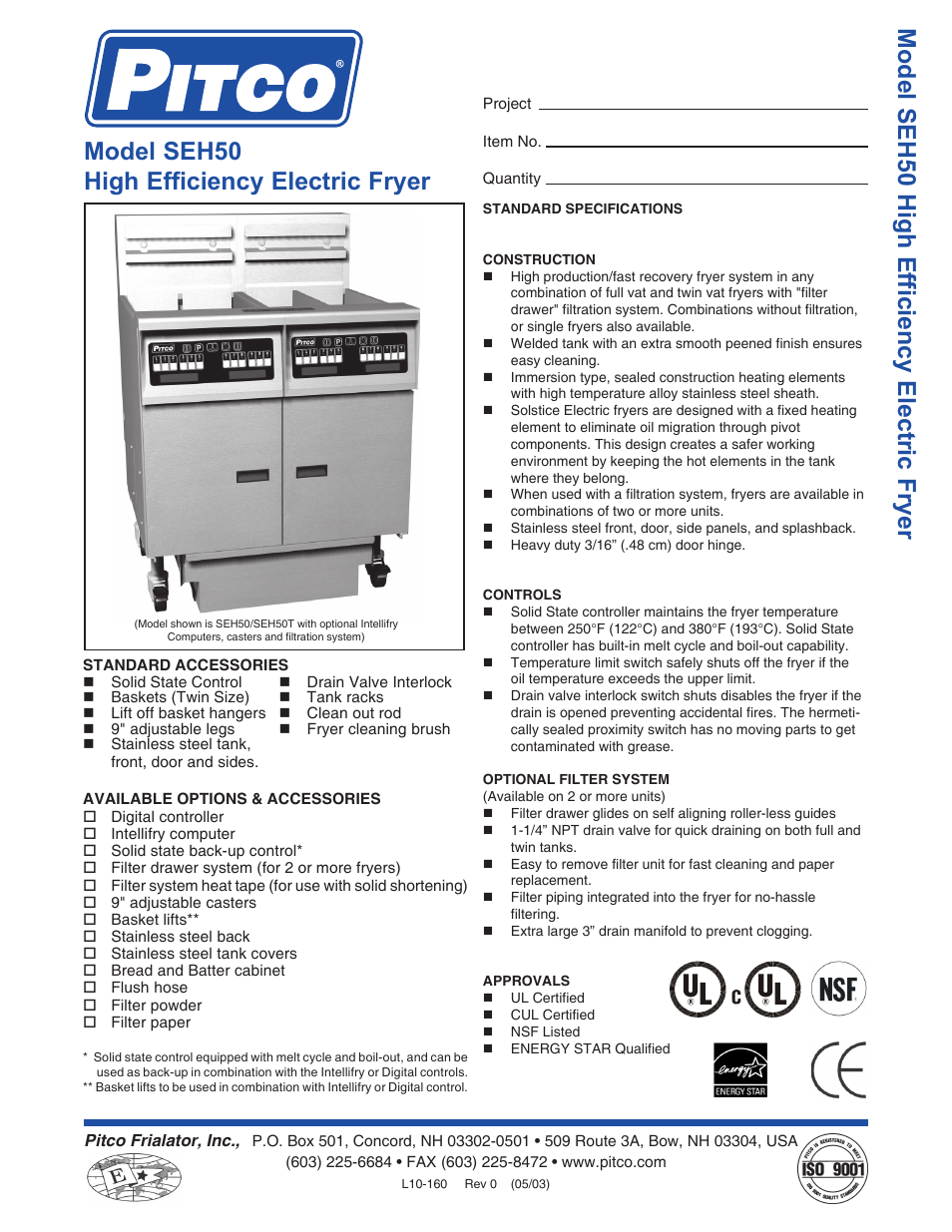 Pitco Frialator SEH50 User Manual | 2 pages