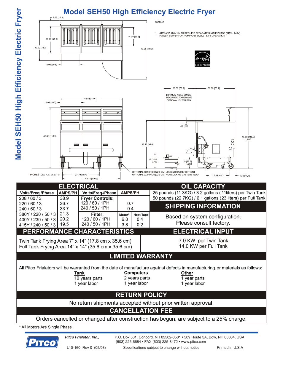 Model seh50 high efficiency electric fryer | Pitco Frialator SEH50 User Manual | Page 2 / 2