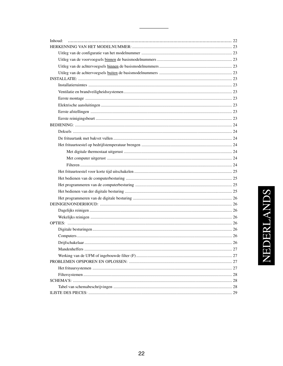 Nederlands, Inhoud | Pitco Frialator E7 User Manual | Page 25 / 71