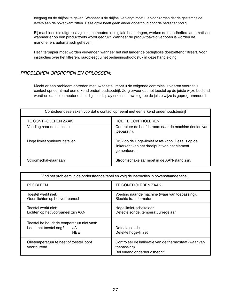 Problemen opsporen en oplossen | Pitco Frialator E7 User Manual | Page 30 / 71