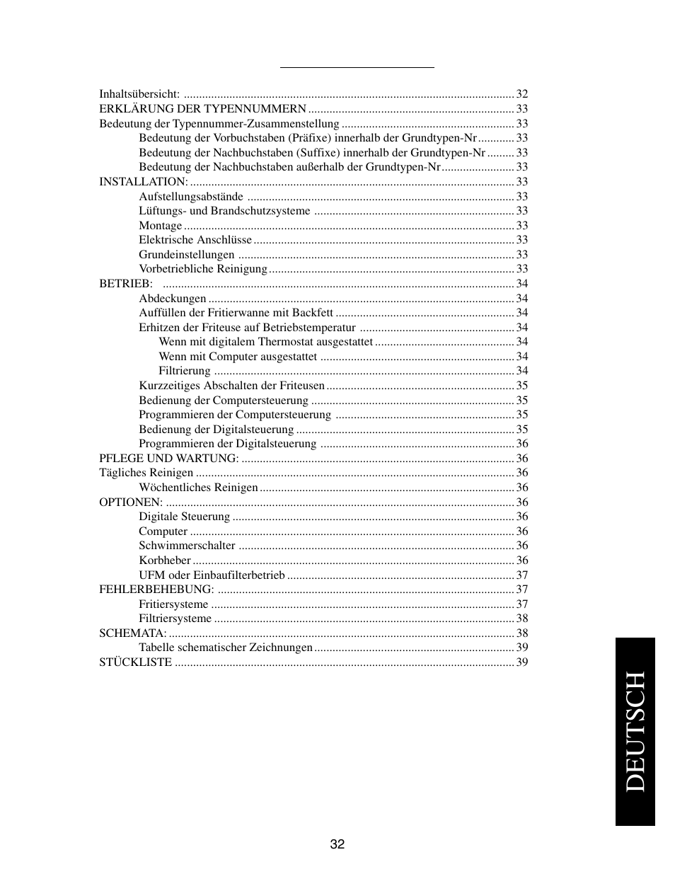 Deutsch, Inhaltsübersicht | Pitco Frialator E7 User Manual | Page 35 / 71