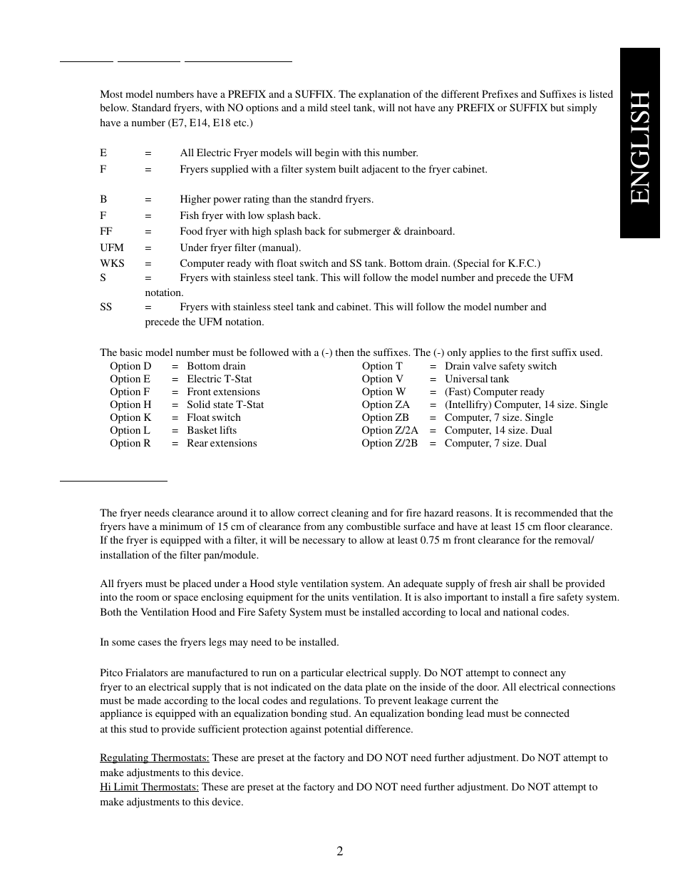 English, Model number recognition, Installation | Pitco Frialator E7 User Manual | Page 5 / 71