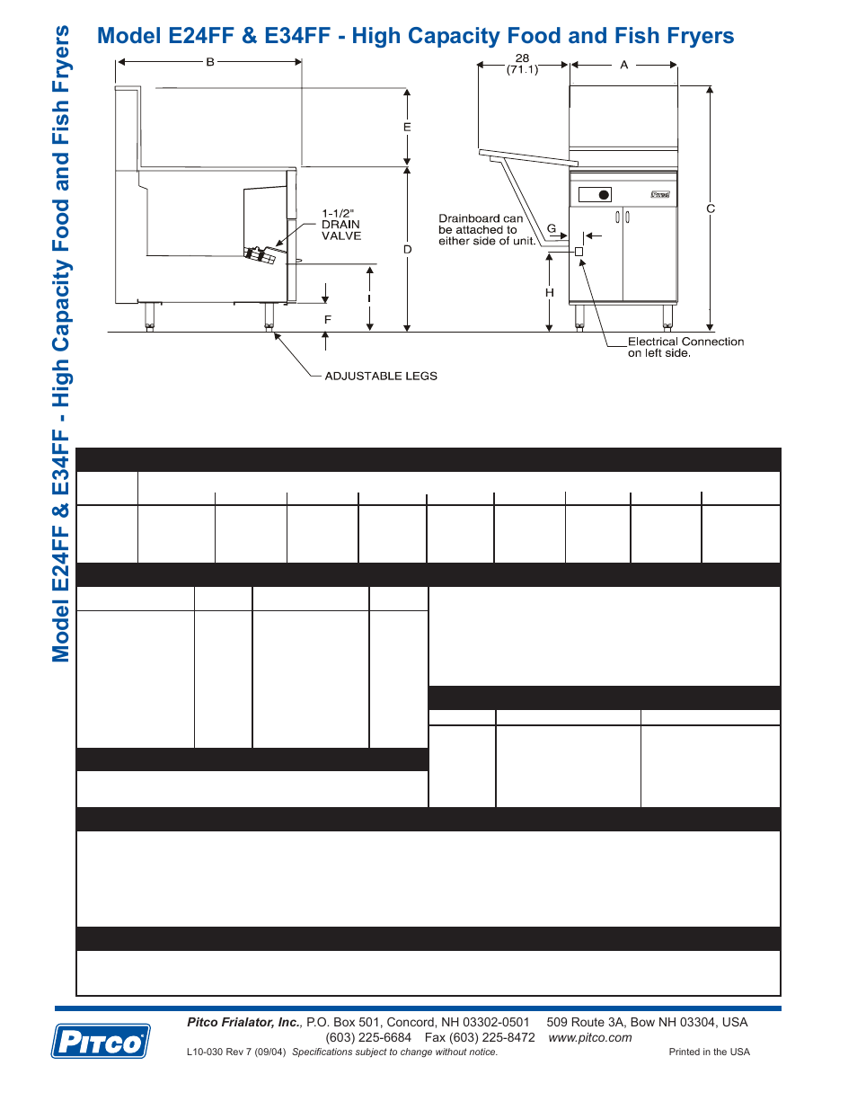 Electrical, Dimensions, Performance characteristics | Pitco Frialator E34FF User Manual | Page 2 / 2