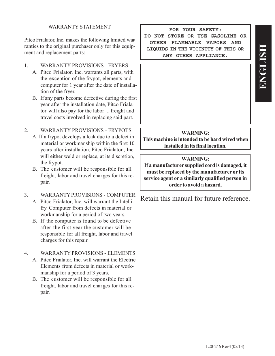 Retain this manual for future reference | Pitco Frialator Electric Fryers SEH Series User Manual | Page 3 / 16