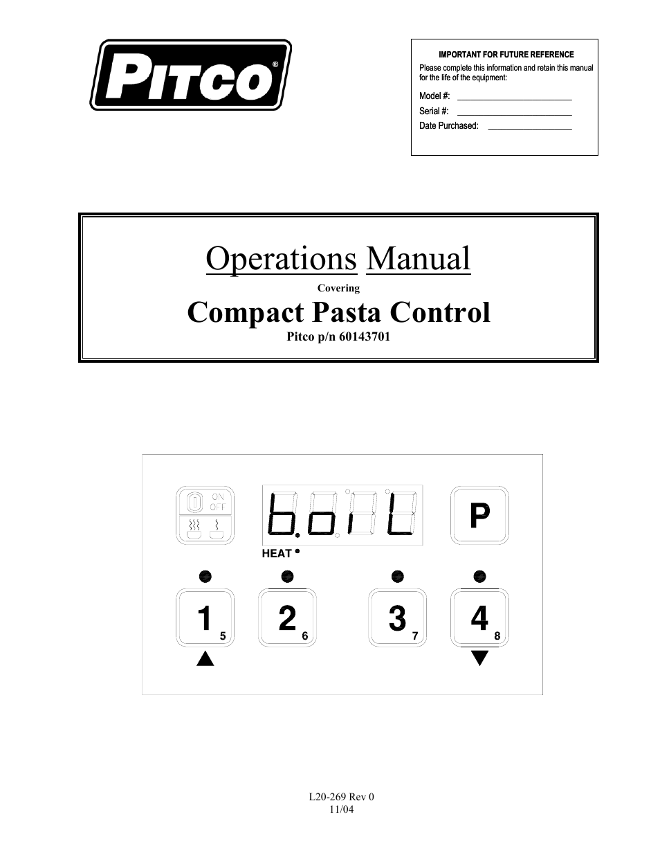 Pitco Frialator Compact Pasta Control User Manual | 5 pages