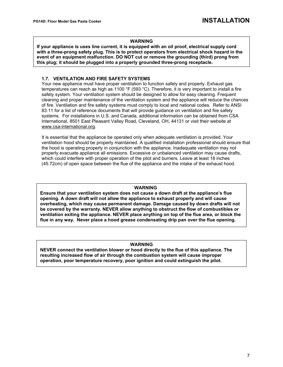 Installation | Pitco Frialator RS14D User Manual | Page 11 / 28