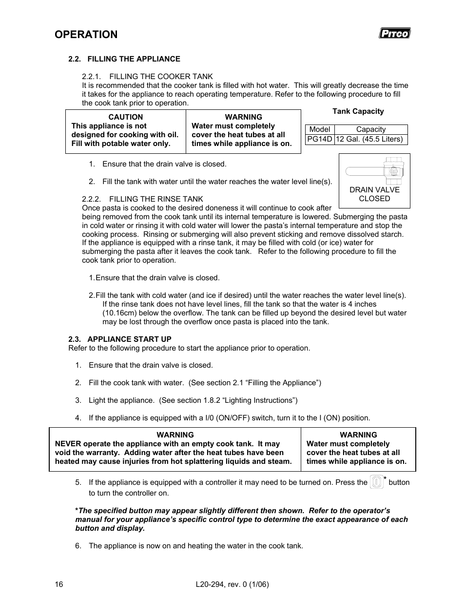 Operation | Pitco Frialator RS14D User Manual | Page 20 / 28