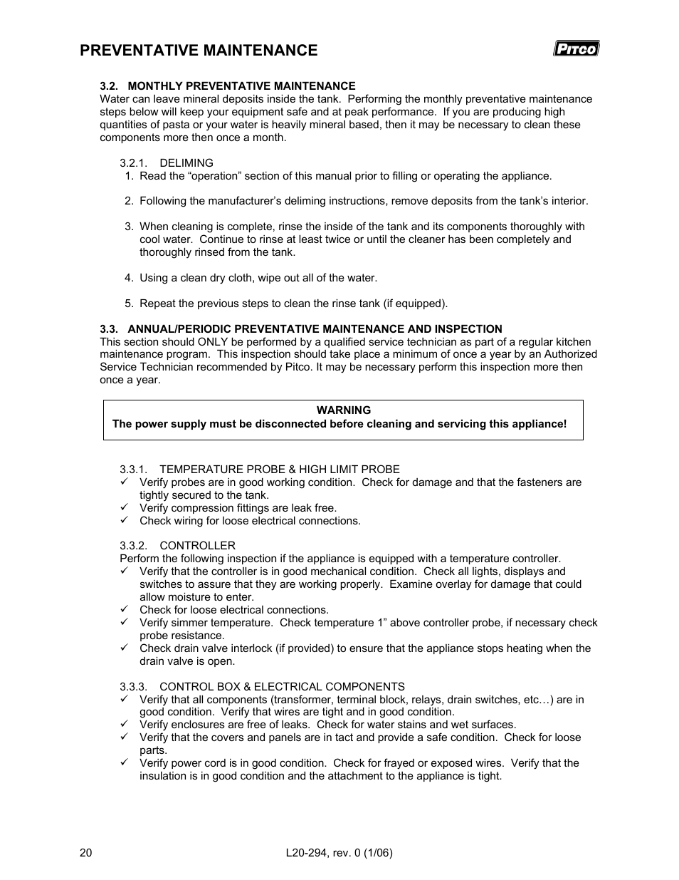 Preventative maintenance | Pitco Frialator RS14D User Manual | Page 24 / 28