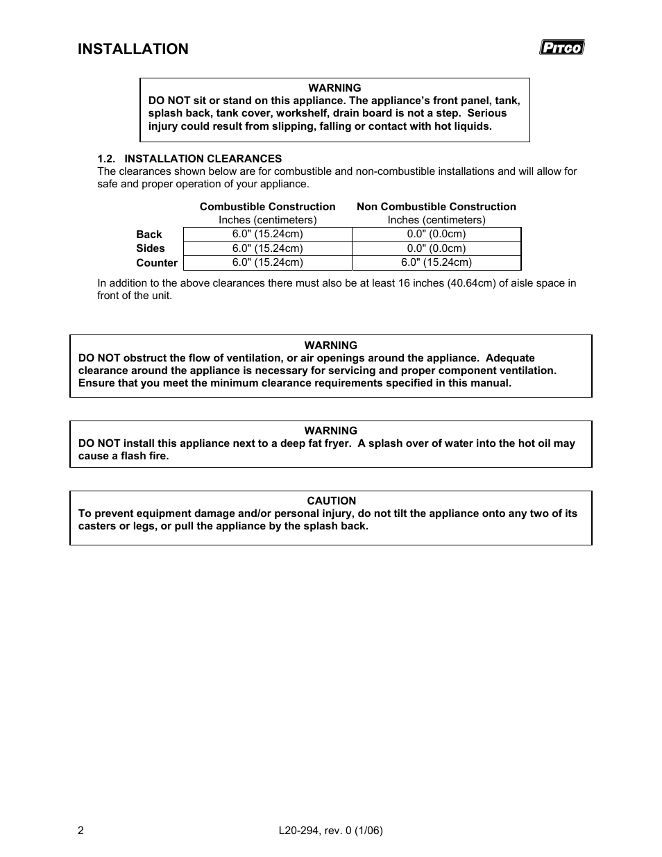 Installation | Pitco Frialator RS14D User Manual | Page 6 / 28