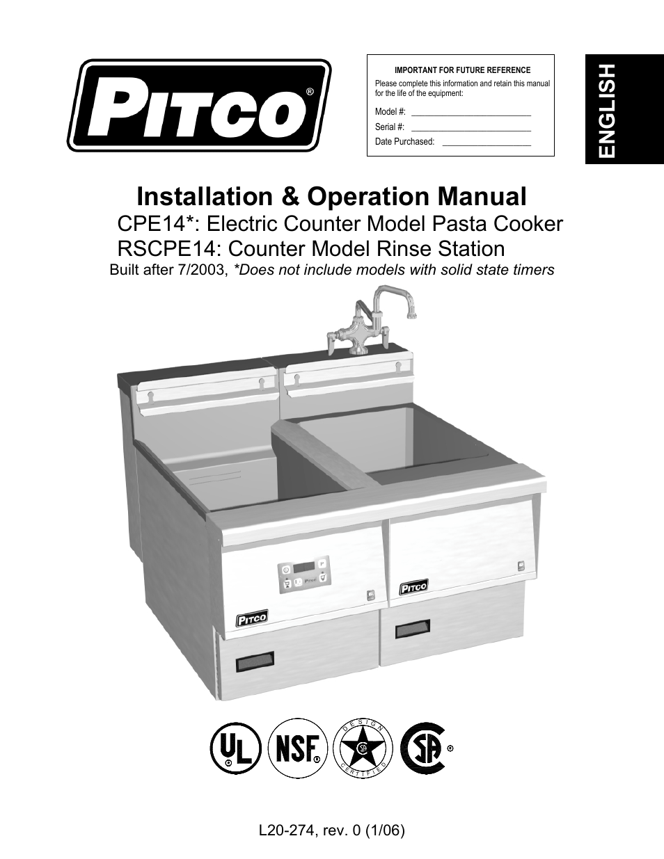 Pitco Frialator RSCPE14 User Manual | 20 pages