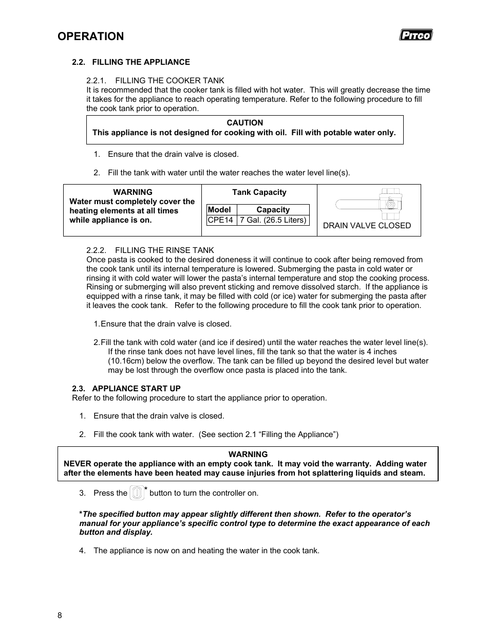 Operation | Pitco Frialator RSCPE14 User Manual | Page 12 / 20