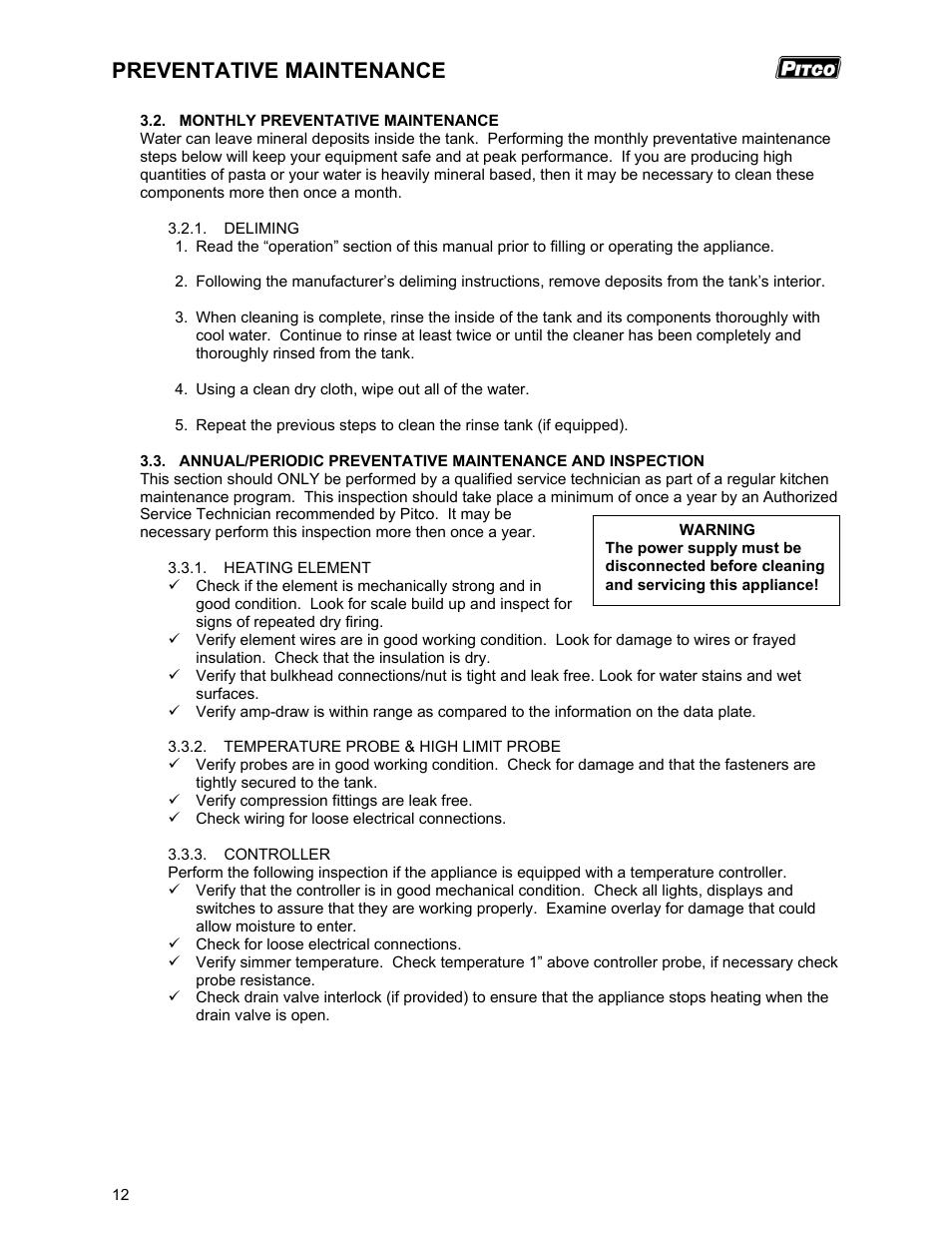 Preventative maintenance | Pitco Frialator RSCPE14 User Manual | Page 16 / 20