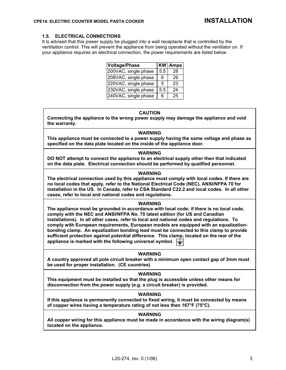 Installation | Pitco Frialator RSCPE14 User Manual | Page 7 / 20