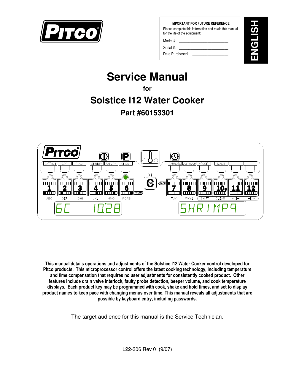 Pitco Frialator Solstice I12 Water Cooker (Service Manual) User Manual | 28 pages