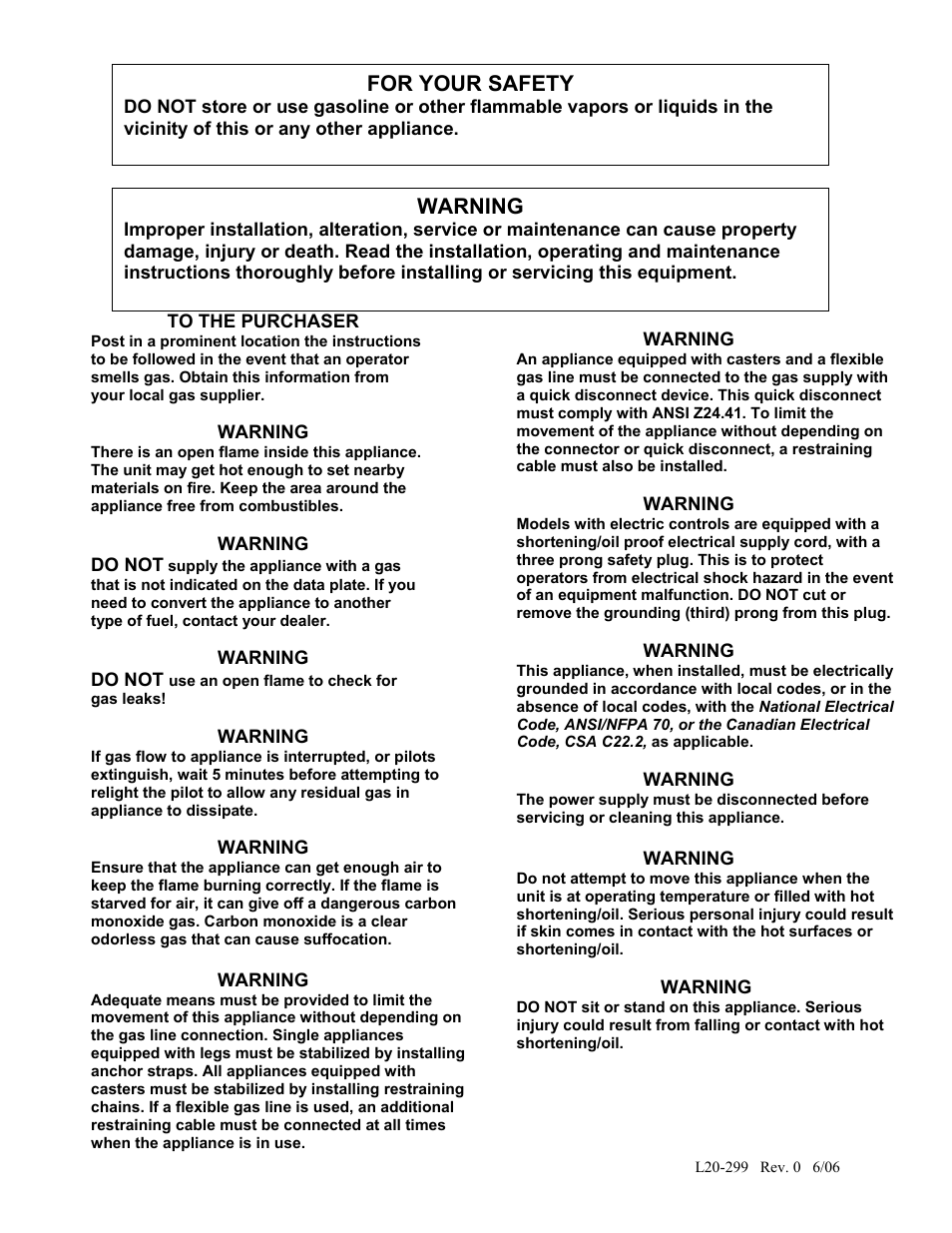 For your safety, Warning | Pitco Frialator 65 Series Fryer with Millivolt Gas Valve User Manual | Page 2 / 20