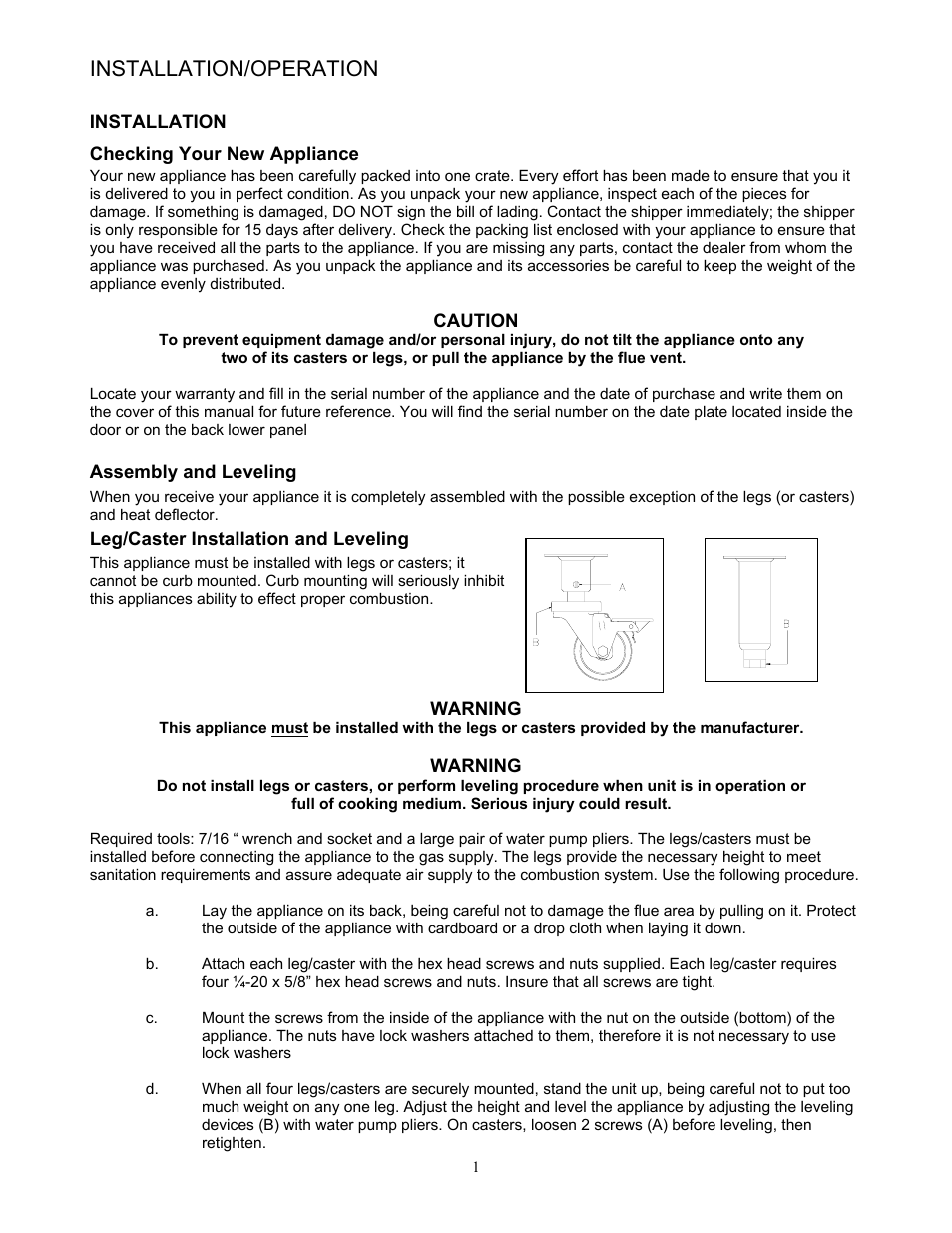 Installation/operation | Pitco Frialator 65 Series Fryer with Millivolt Gas Valve User Manual | Page 4 / 20