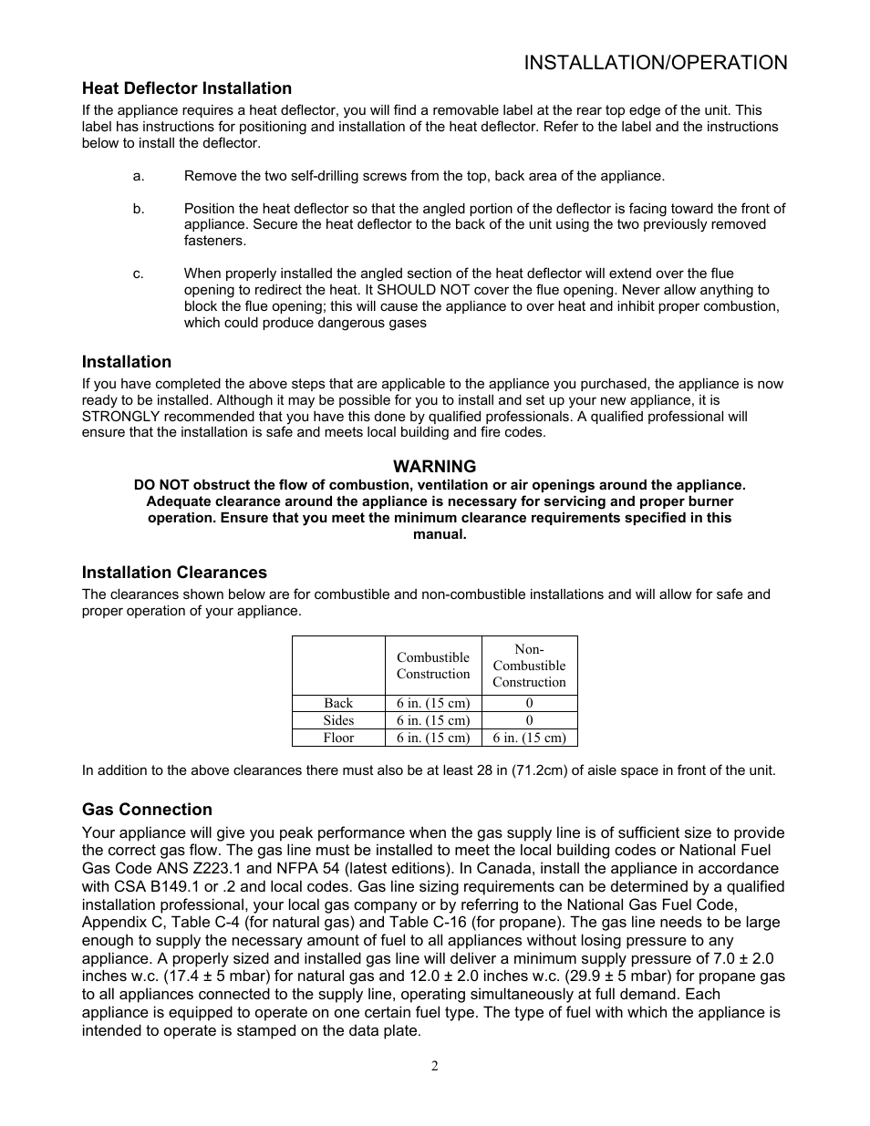 Installation/operation | Pitco Frialator 65 Series Fryer with Millivolt Gas Valve User Manual | Page 5 / 20