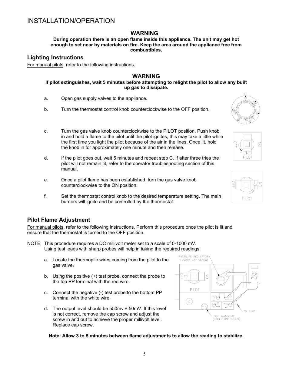 Installation/operation | Pitco Frialator 65 Series Fryer with Millivolt Gas Valve User Manual | Page 8 / 20