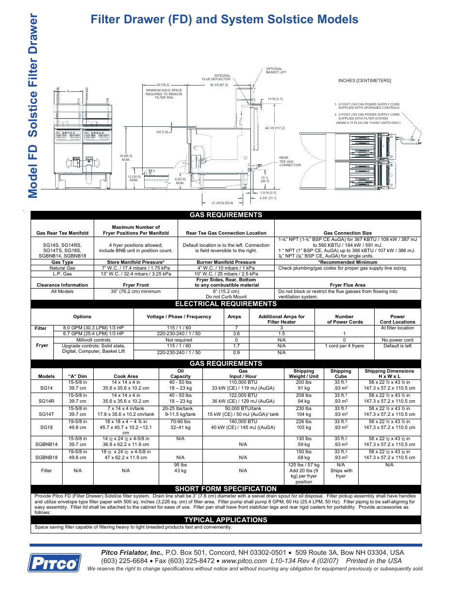 Gas requirements, Electrical requirements, Short form specification | Typical applications | Pitco Frialator SG14R User Manual | Page 2 / 2
