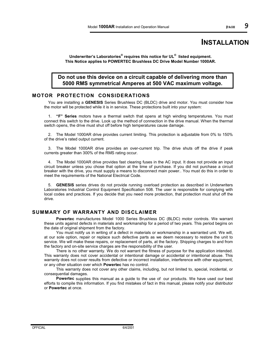 Motor protection considerations, Summary of warranty and disclaimer, Nstallation | PowerTec Regenerative Brushless DC Motor Control 1000AR User Manual | Page 10 / 57