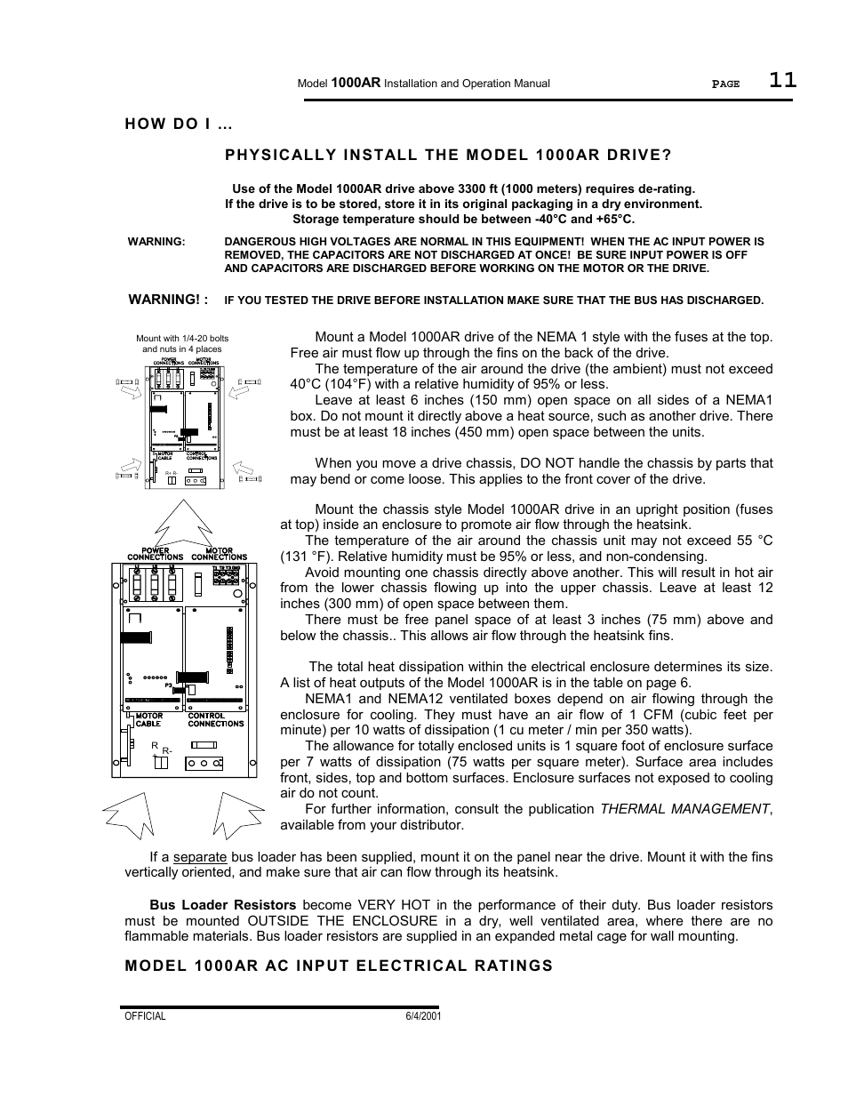 How do i, Physically install the model 1000ar drive, Model 1000ar ac input electrical ratings | PowerTec Regenerative Brushless DC Motor Control 1000AR User Manual | Page 12 / 57