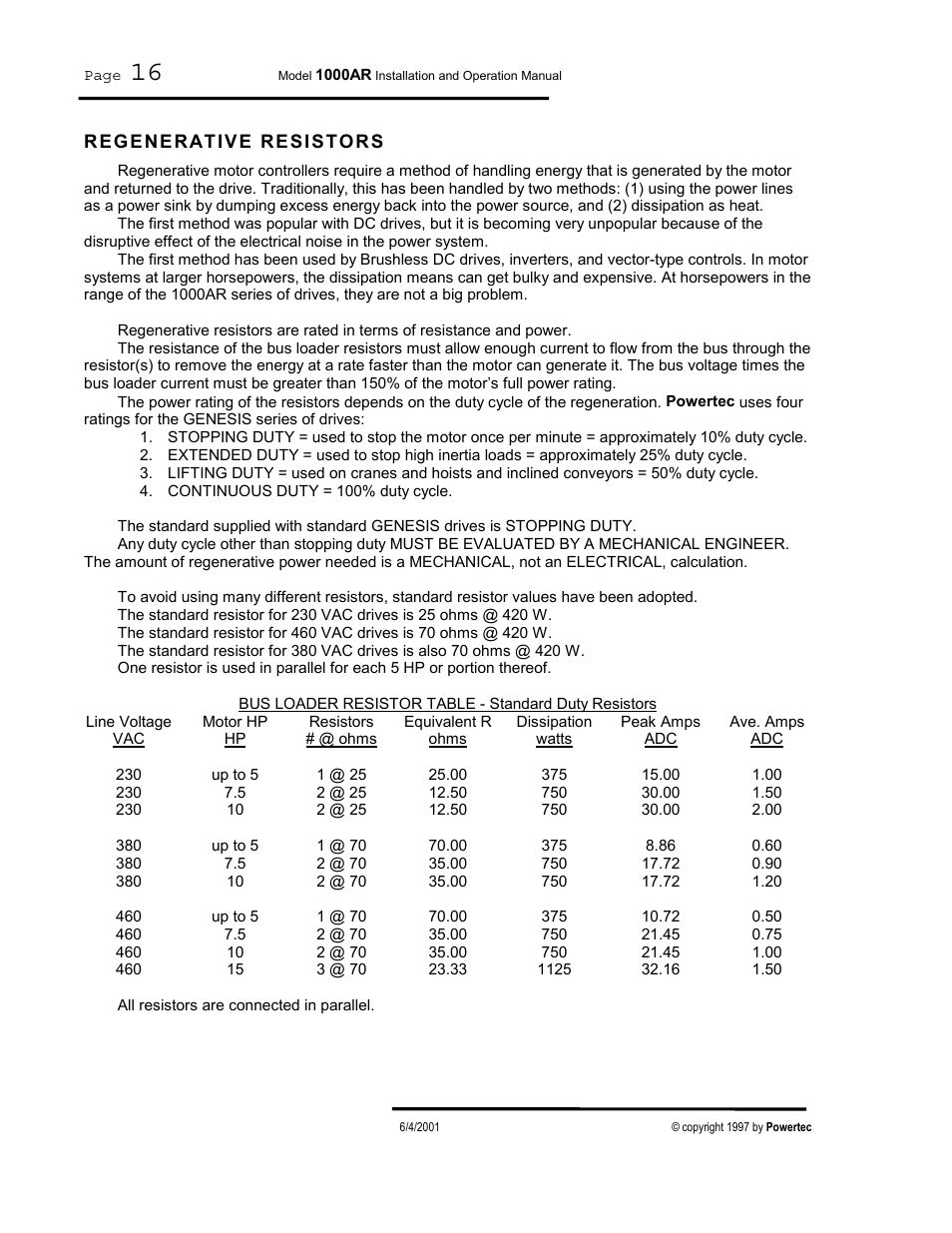 Regenerative resistors | PowerTec Regenerative Brushless DC Motor Control 1000AR User Manual | Page 17 / 57