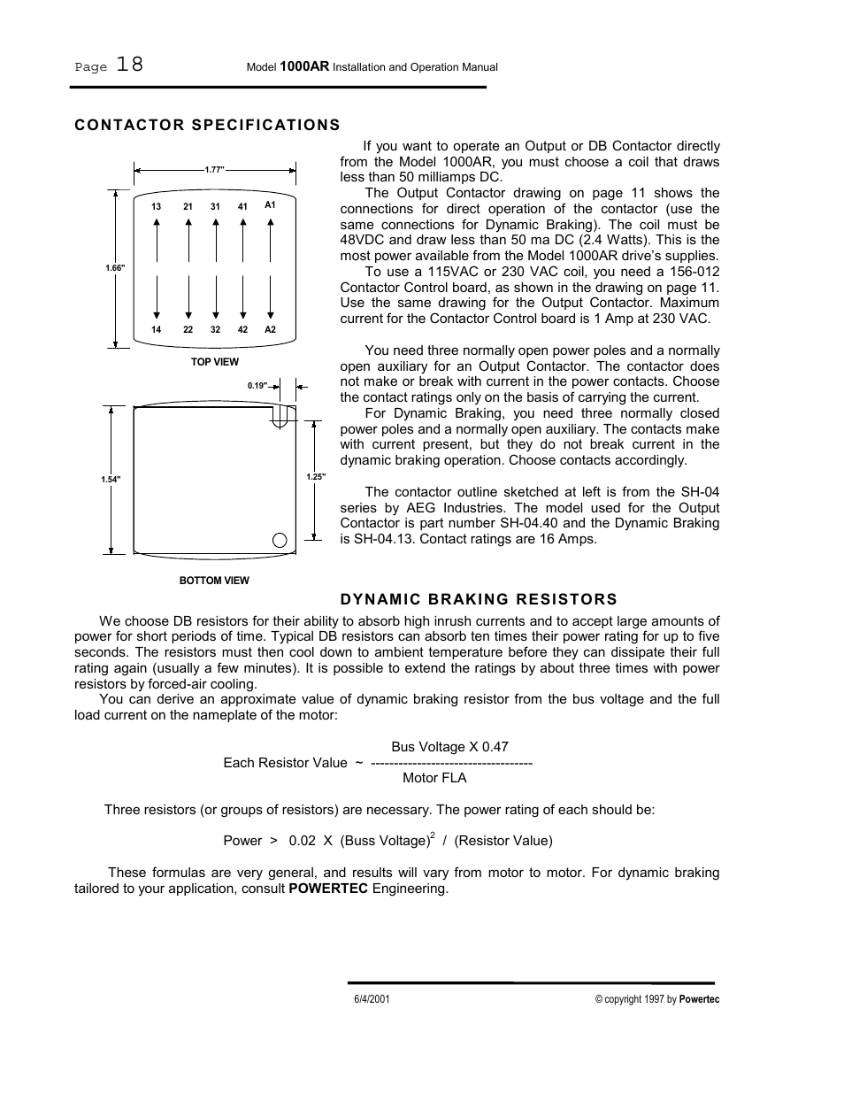 Contactor specifications, Dynamic braking resistors | PowerTec Regenerative Brushless DC Motor Control 1000AR User Manual | Page 19 / 57