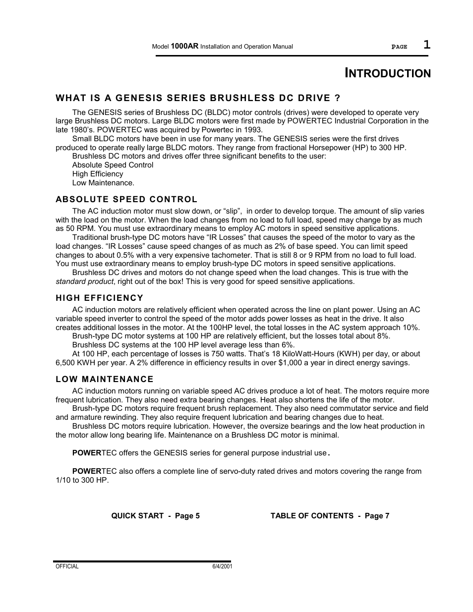 What is a genesis series brushless dc drive, Absolute speed control, High efficiency | Low maintenance, Ntroduction | PowerTec Regenerative Brushless DC Motor Control 1000AR User Manual | Page 2 / 57