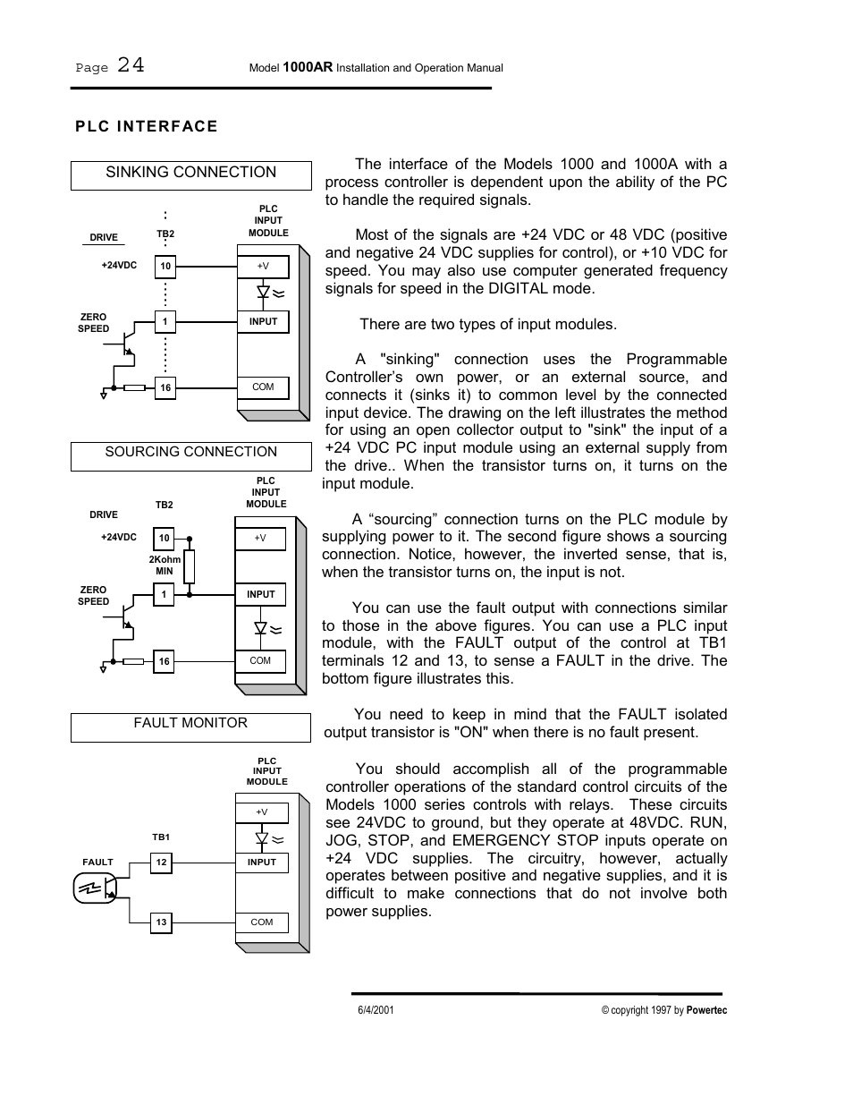 Plc interface, Plc i nterface, Sinking connection | PowerTec Regenerative Brushless DC Motor Control 1000AR User Manual | Page 25 / 57