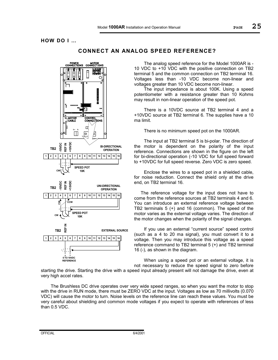 How do i, Connect an analog speed reference, Ho w do i | 1000ar | PowerTec Regenerative Brushless DC Motor Control 1000AR User Manual | Page 26 / 57