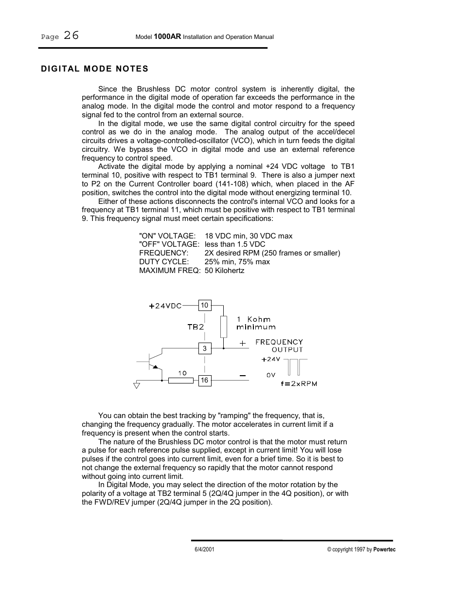 Digital mode notes | PowerTec Regenerative Brushless DC Motor Control 1000AR User Manual | Page 27 / 57