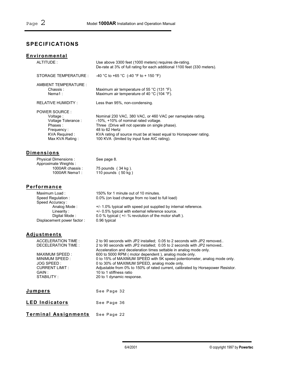Specifications, Environmental, Dimensions | Performance, Adjustments, Speci fi cati o ns | PowerTec Regenerative Brushless DC Motor Control 1000AR User Manual | Page 3 / 57