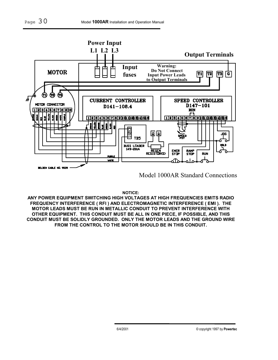 Output terminals, Power input l1 l2 l3 input fuses, Model 1000ar standard connections | PowerTec Regenerative Brushless DC Motor Control 1000AR User Manual | Page 31 / 57