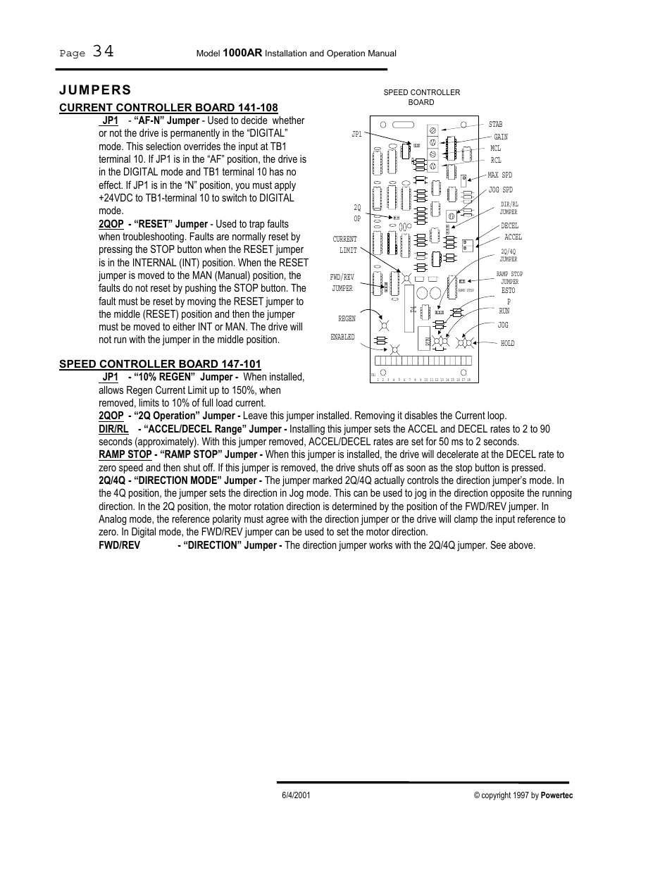 Jumpers | PowerTec Regenerative Brushless DC Motor Control 1000AR User Manual | Page 35 / 57