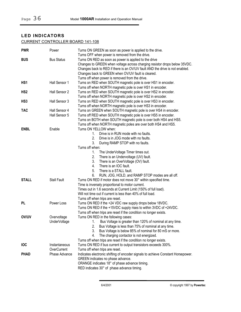 Led indicators | PowerTec Regenerative Brushless DC Motor Control 1000AR User Manual | Page 37 / 57