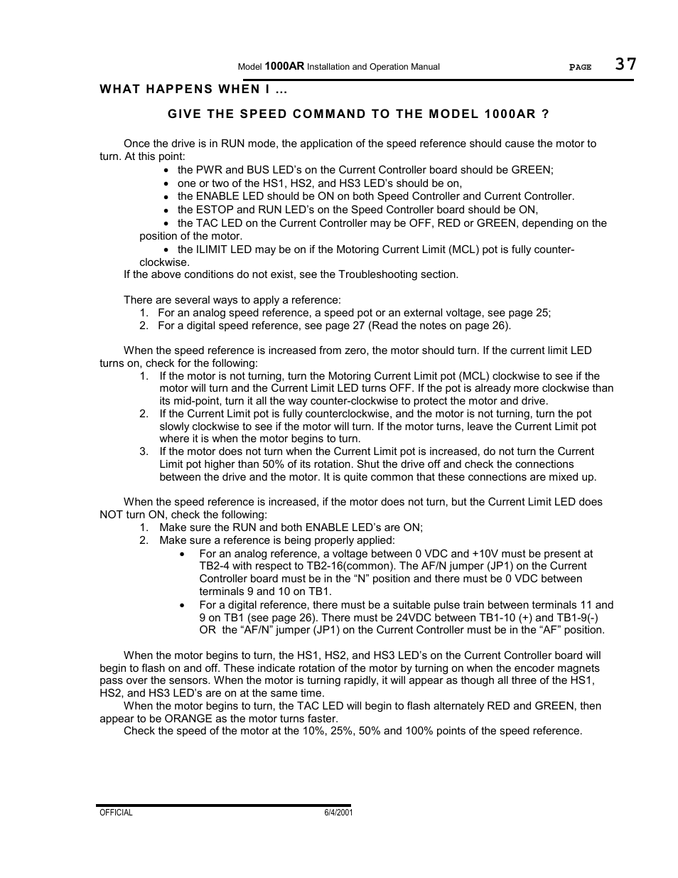 What happens when i, Give the speed command to the model 1000ar | PowerTec Regenerative Brushless DC Motor Control 1000AR User Manual | Page 38 / 57