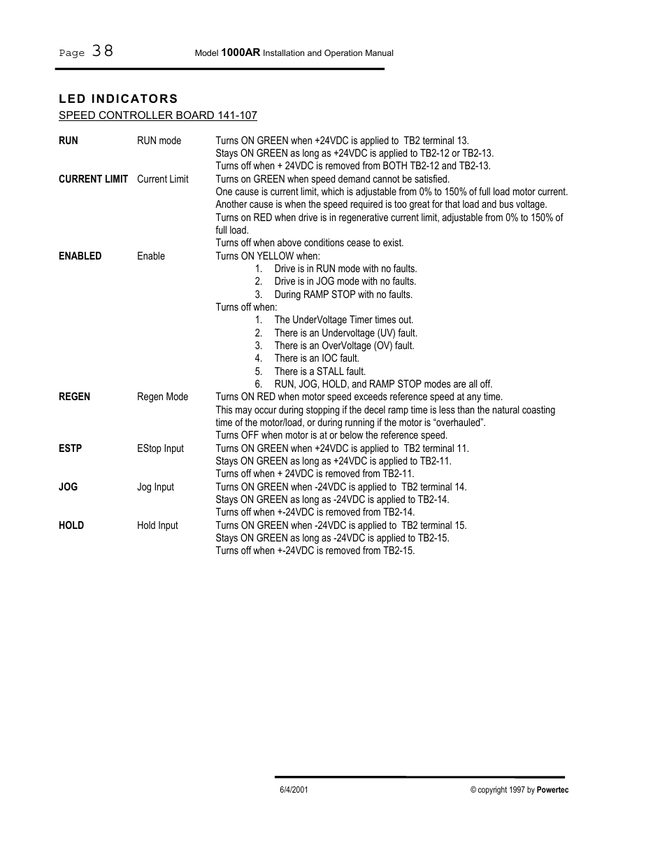 Led indicators | PowerTec Regenerative Brushless DC Motor Control 1000AR User Manual | Page 39 / 57