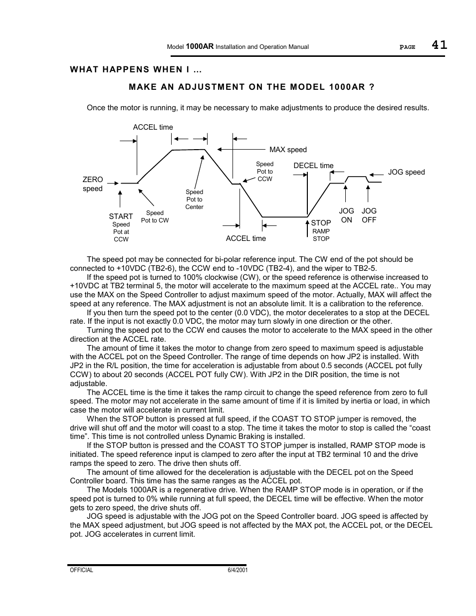 What happens when i, Make an adjustment on the model 1000ar | PowerTec Regenerative Brushless DC Motor Control 1000AR User Manual | Page 42 / 57
