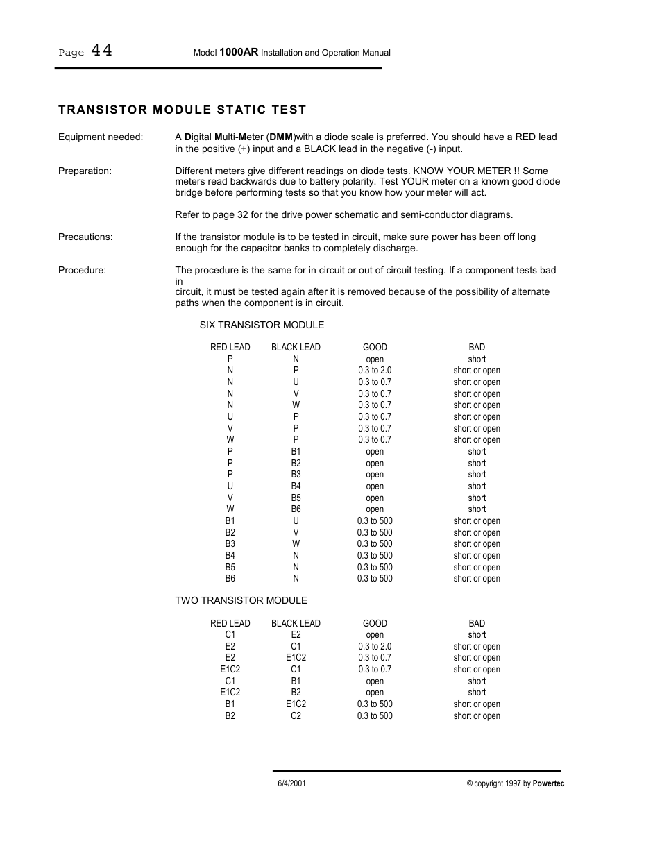 Transistor module static test | PowerTec Regenerative Brushless DC Motor Control 1000AR User Manual | Page 45 / 57