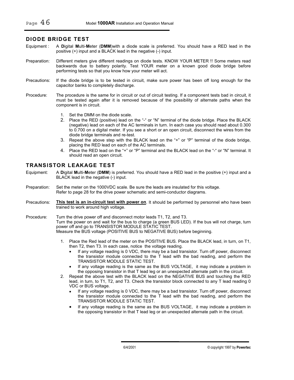 Diode bridge test, Transistor leakage test | PowerTec Regenerative Brushless DC Motor Control 1000AR User Manual | Page 47 / 57