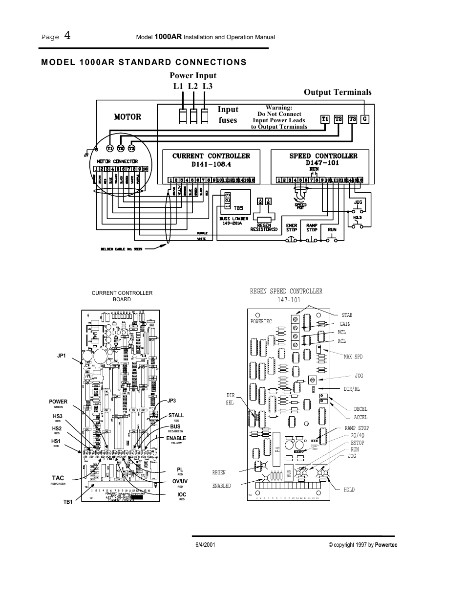 Model 1000ar standard connections, M o del 1000ar standard co nnecti o ns, Output terminals | Power input l1 l2 l3 input fuses | PowerTec Regenerative Brushless DC Motor Control 1000AR User Manual | Page 5 / 57