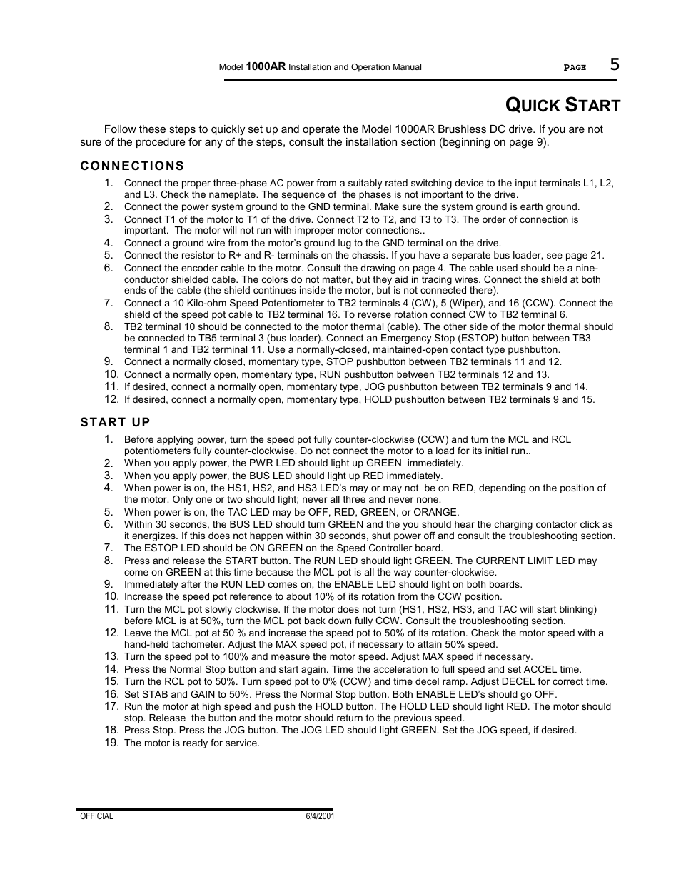 Connections, Start up, Uick | Tart | PowerTec Regenerative Brushless DC Motor Control 1000AR User Manual | Page 6 / 57
