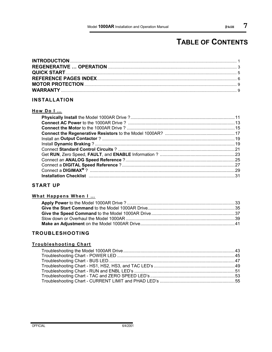 Installation, How do i, Start up | What happens when i, Troubleshooting, Troubleshooting chart, Able of, Ontents | PowerTec Regenerative Brushless DC Motor Control 1000AR User Manual | Page 8 / 57